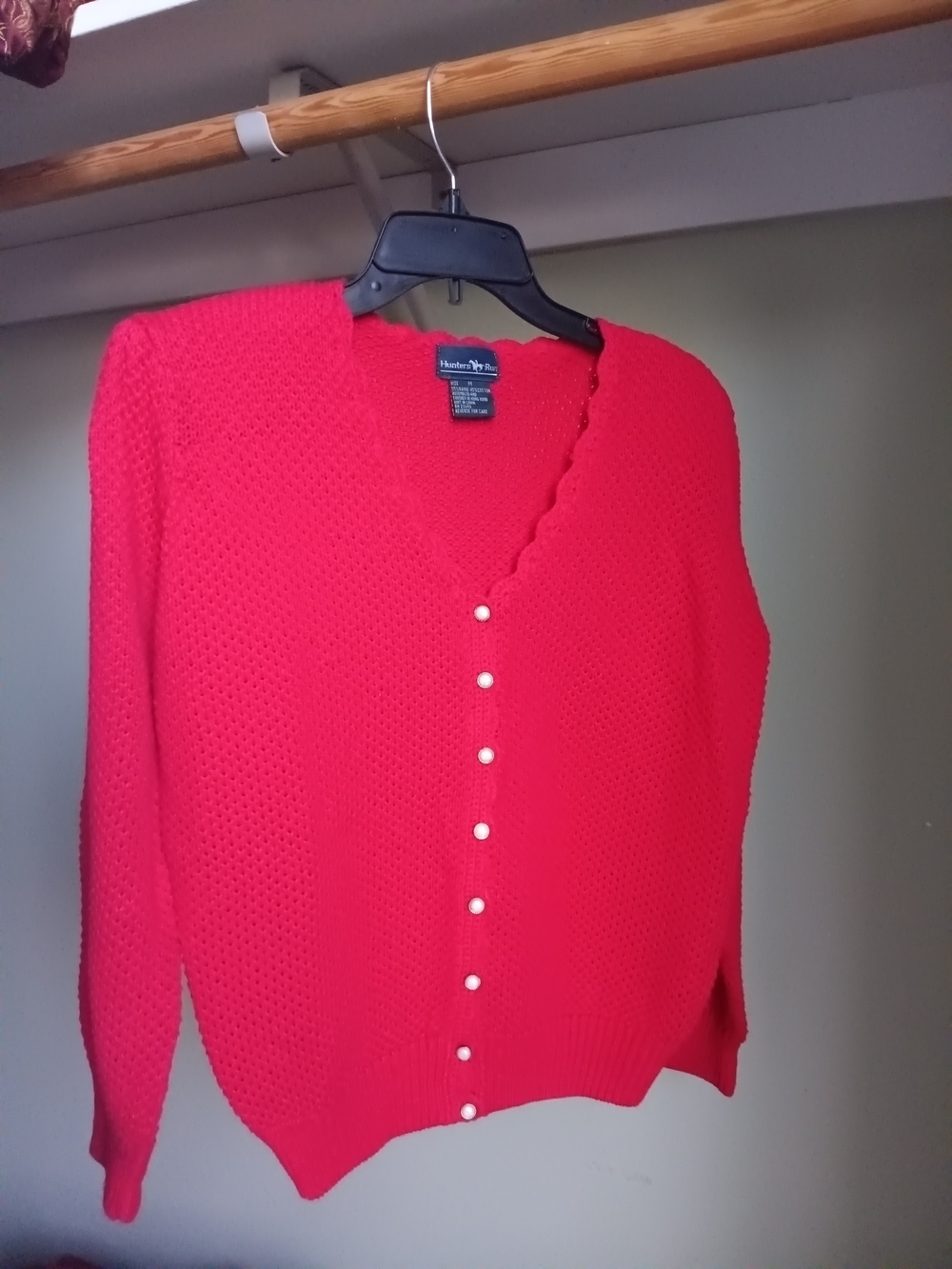 Hunter Red Eyelet Knit V‑Neck Cardigan with Pearl Buttons